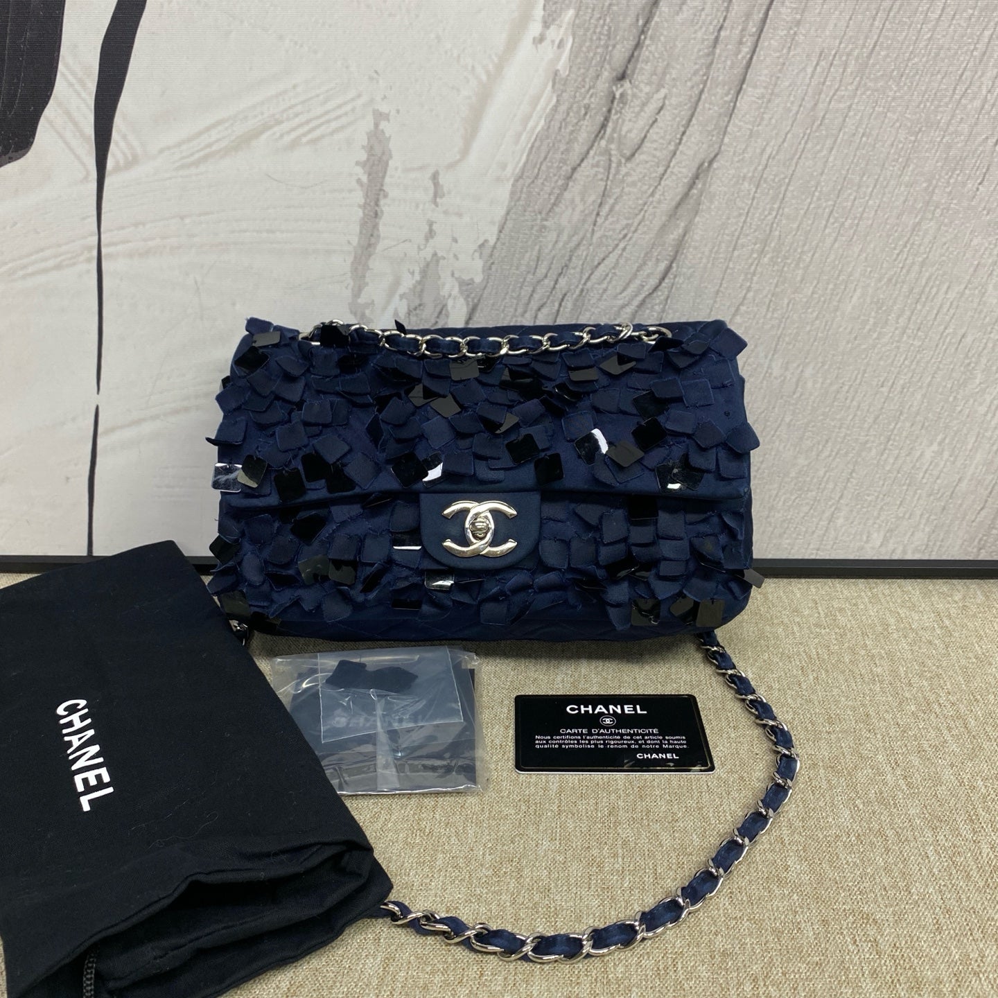 Chanel - Classic Flap Medium Sequined Canvas - Sequined canvas with leather interior - Navy with Silver-Tone Hardware - (Medium)