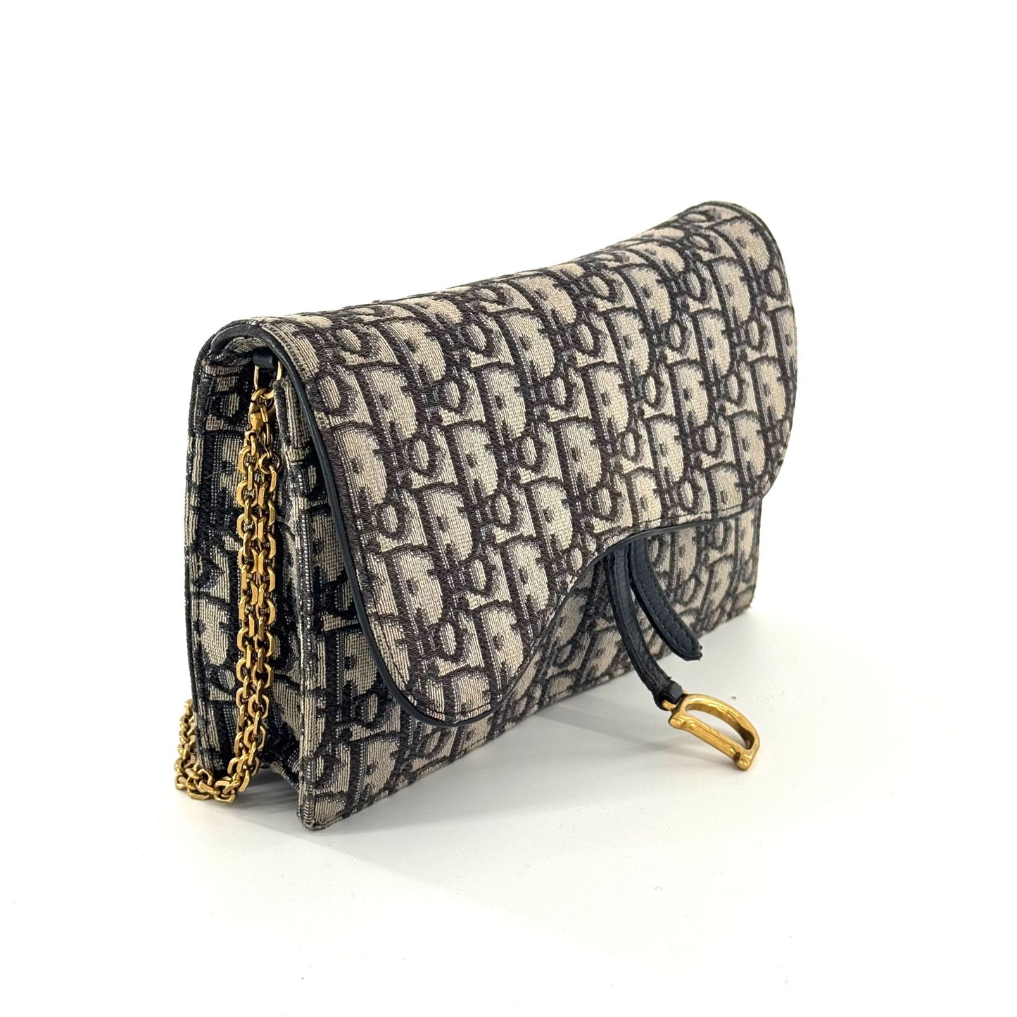 Dior - Saddle WOC (Wallet on Chain) - Dior Oblique Jacquard Canvas with Leather Trim - Navy and Beige - (large)