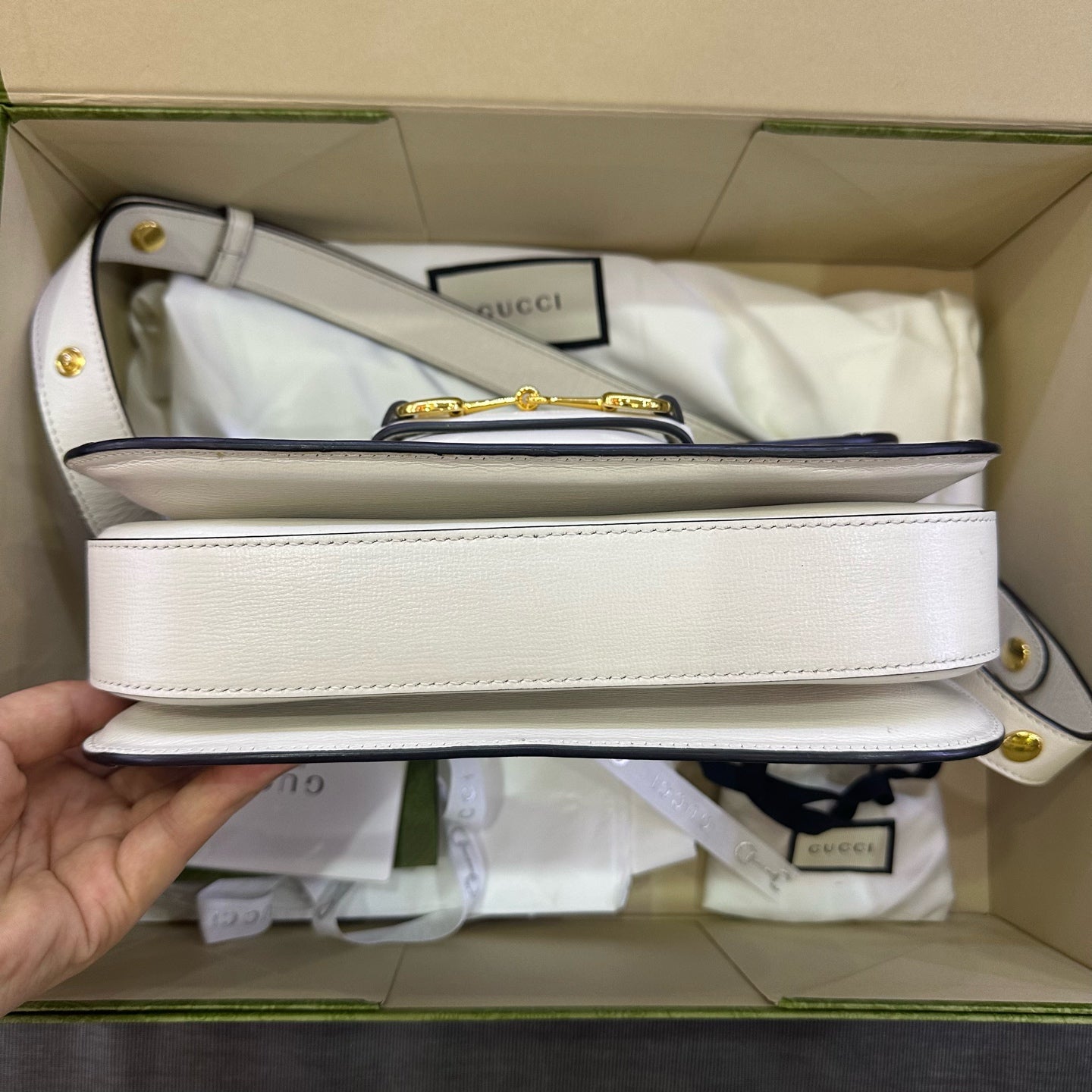 Gucci - 1955 Horsebit Shoulder Bag - GG Supreme canvas with leather trim - Beige with white trim - (Medium)