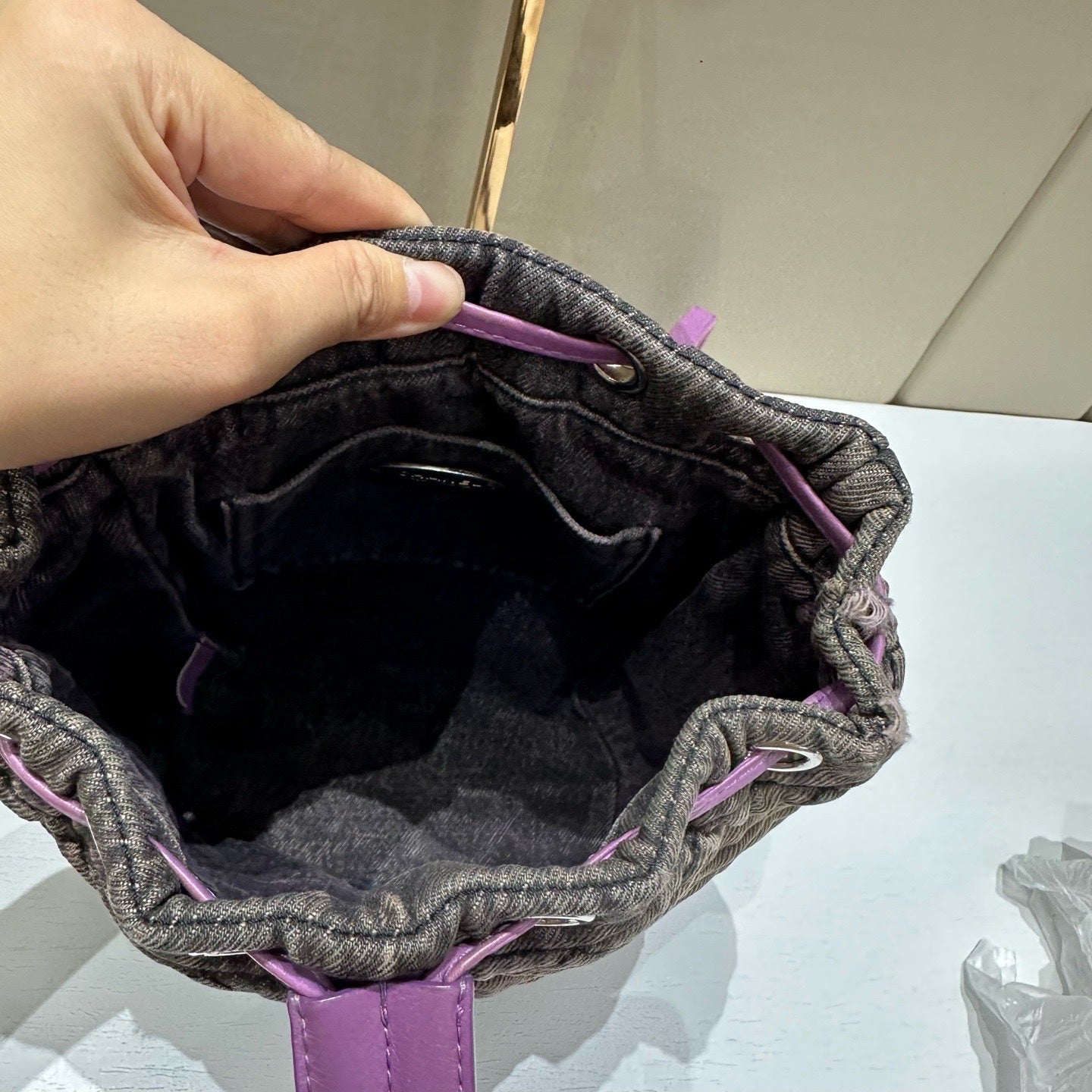 Chanel - Salzburg Washed Denim Drawstring Backpack - Denim with leather trim - Purple - (Small)