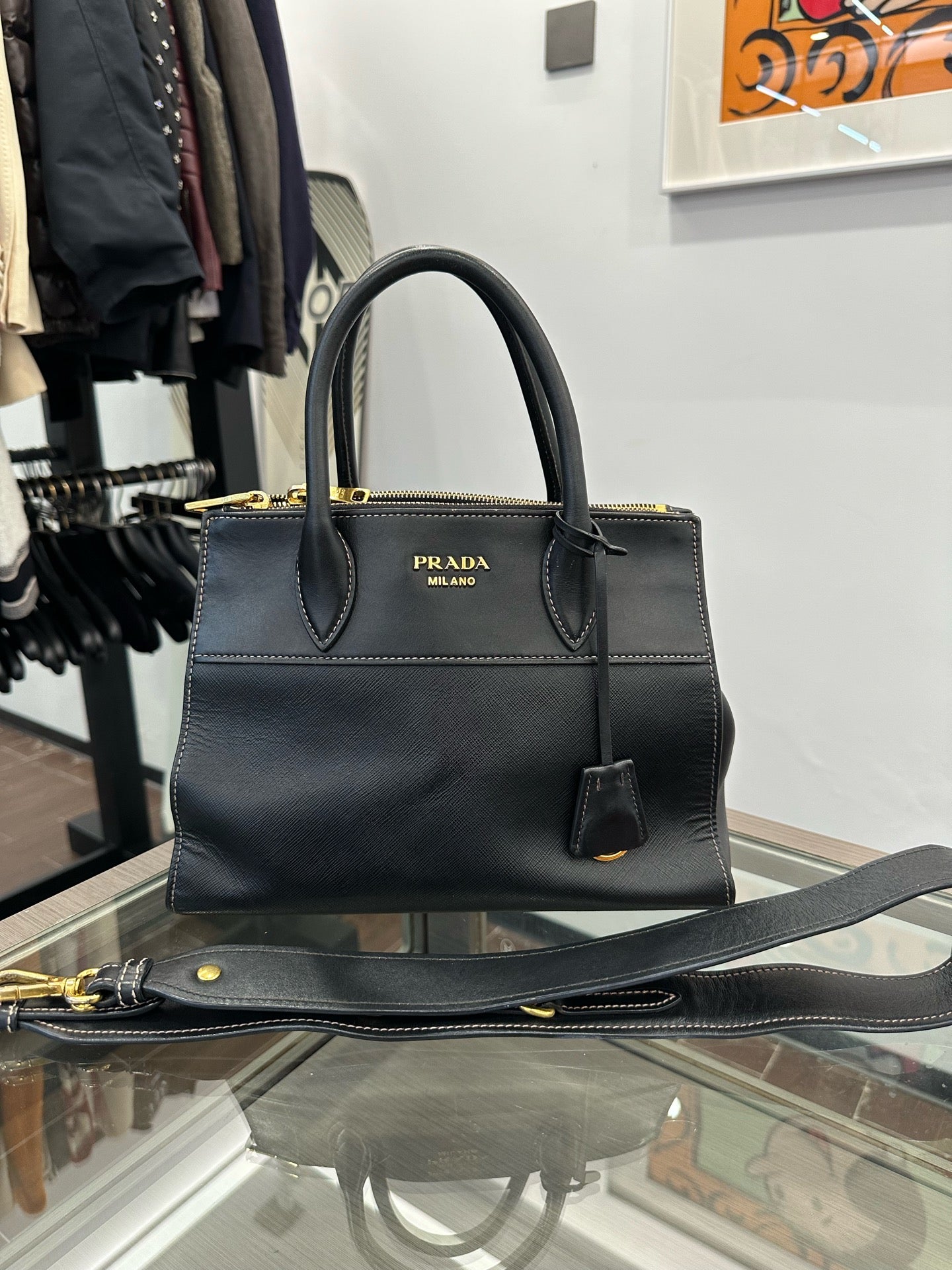 Prada - Saffiano Crossbody Top Handle Bag - Saffiano leather - Black - (Medium)