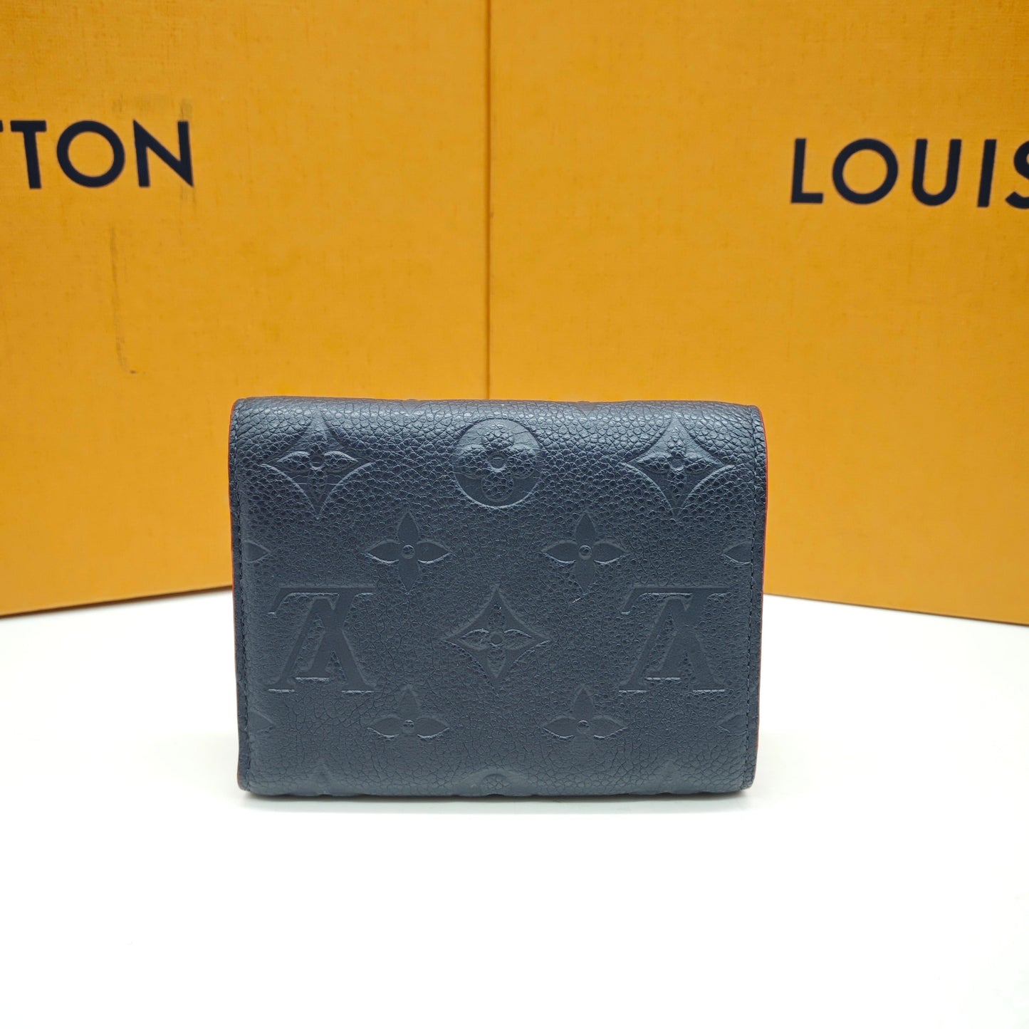 Louis Vuitton - Compact Flap Wallet - Grained leather with embossed Monogram pattern - Navy Blue with Red Glazing - (Small)
