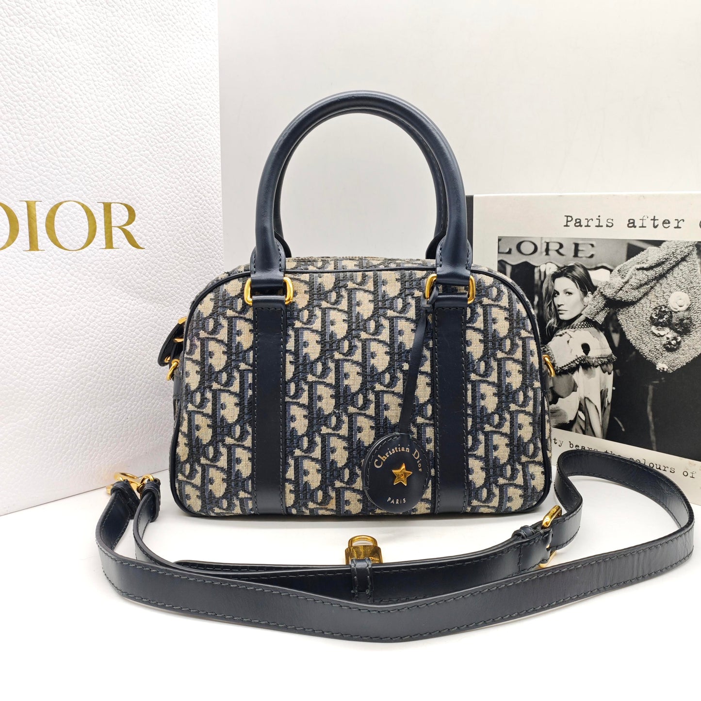 Dior - Dior Oblique Embroidered Bowling Bag - Cloth - Navy - (medium)