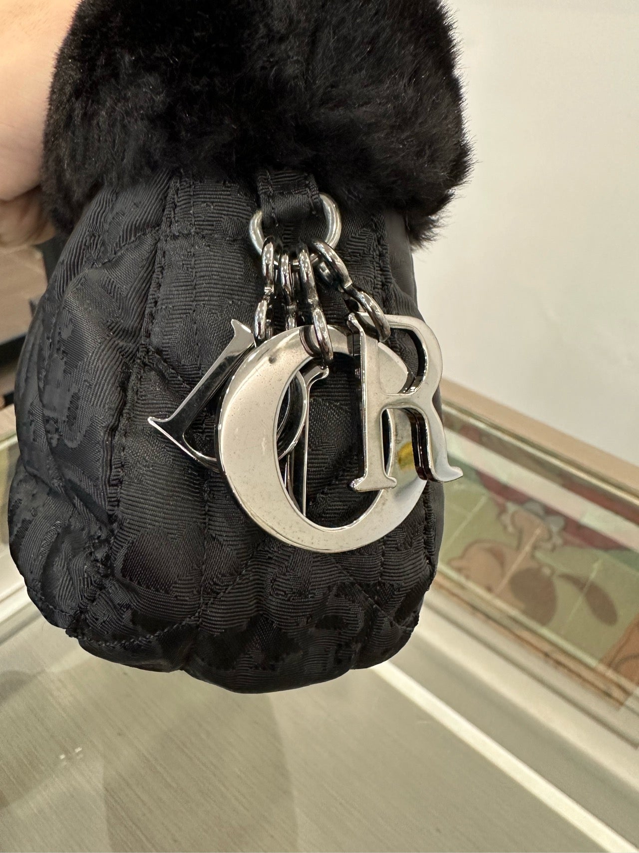 Dior - Vintage Limited Edition Monogram Quilted Top Handle Bag with Fur Trim - Wool blend fabric with fur trim and patent leather handle - Black - (mini)