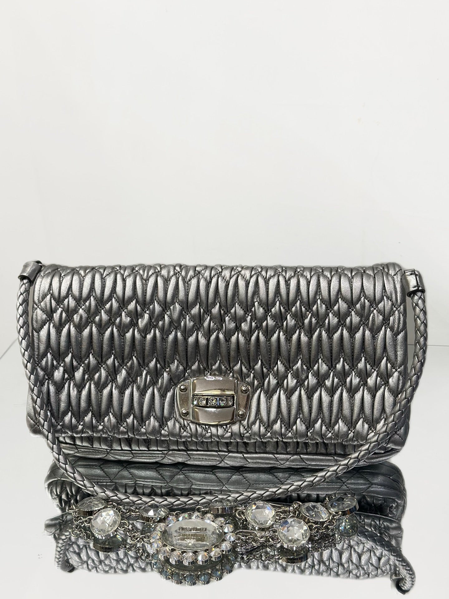 Miu Miu - Matelassé Large Gemstone Chain Shoulder Bag - Lambskin leather - Silver - (medium)