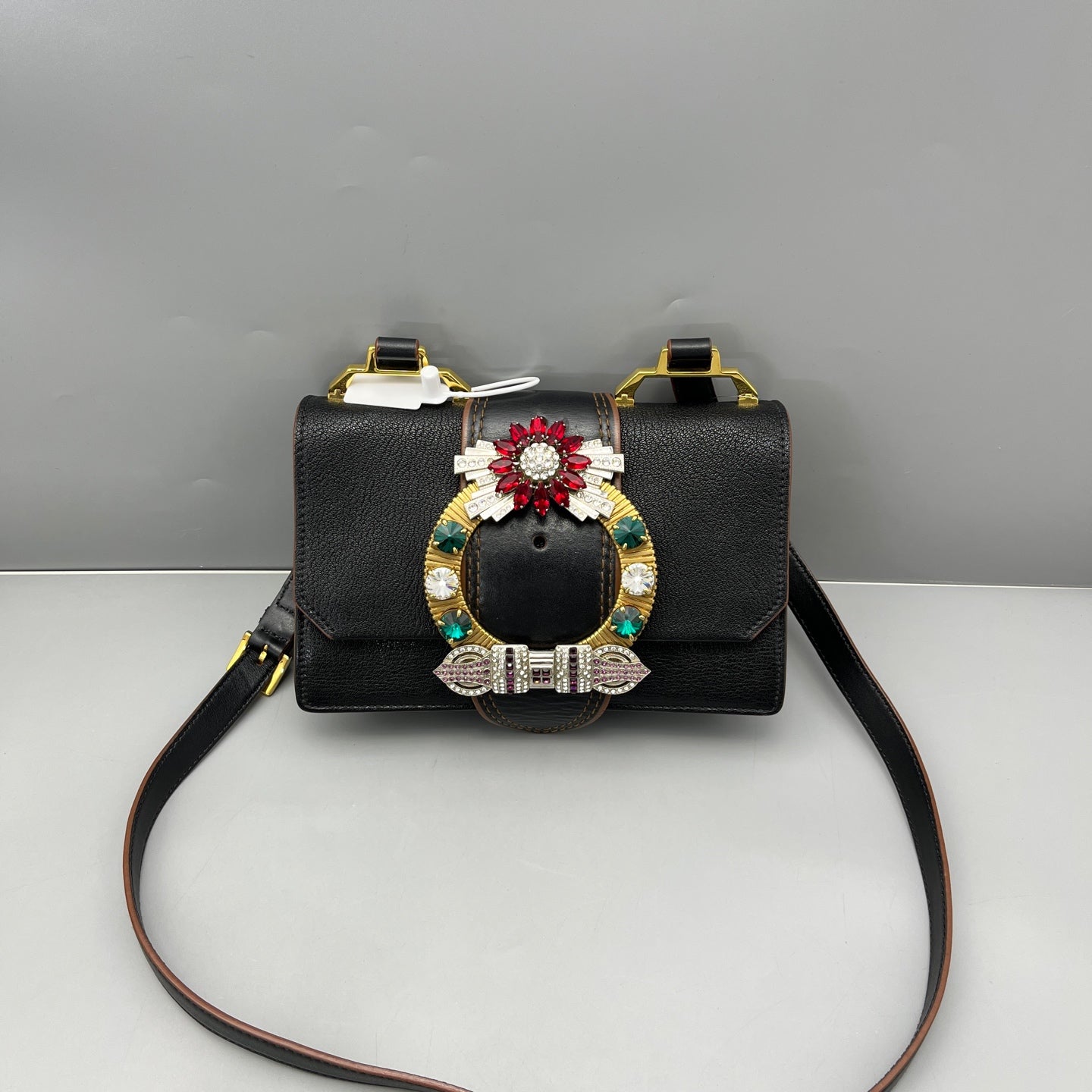 Miu Miu - Jeweled Flap Shoulder Bag - Grained leather - Black - (Small)