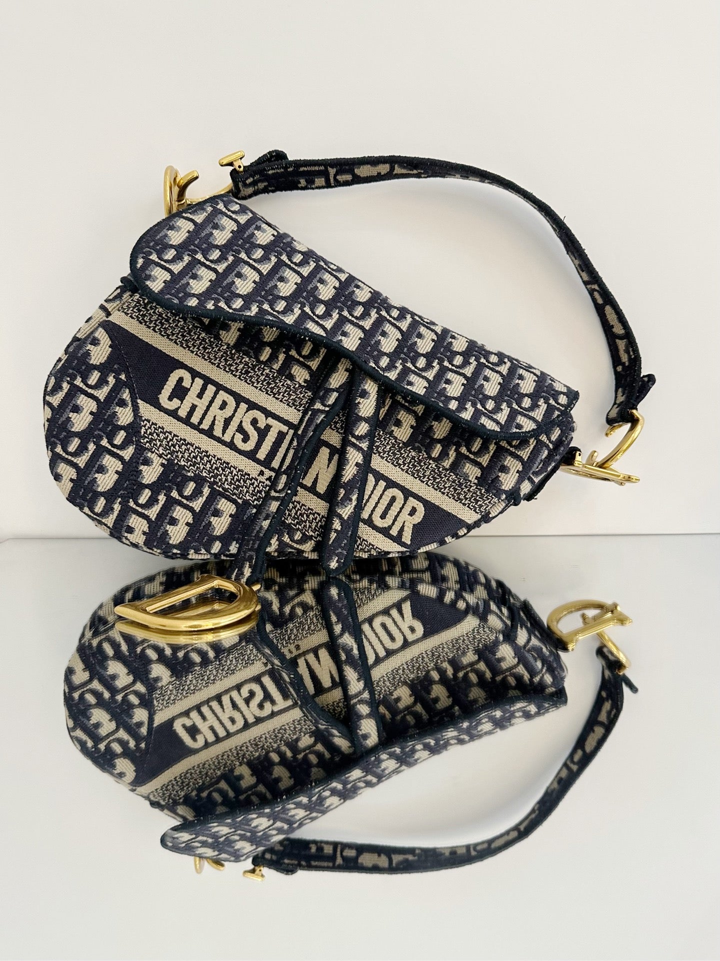 Dior - Saddle Bag - Embroidered canvas - Navy - (Medium)