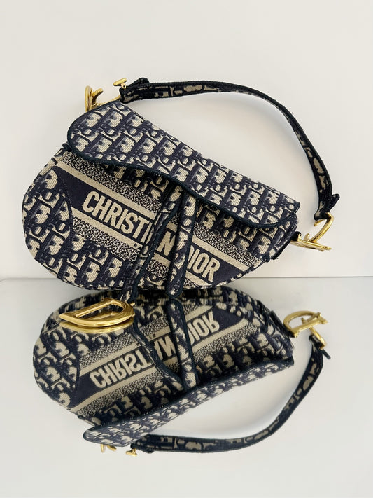 Dior - Saddle Bag - Embroidered canvas - Navy - (Medium)