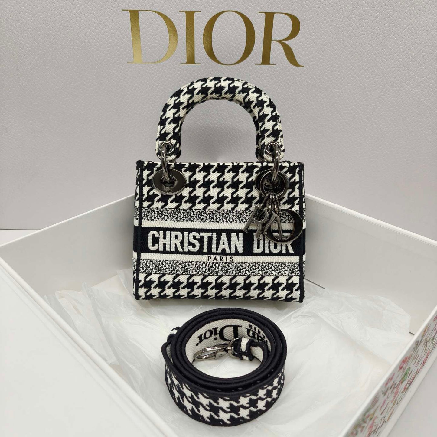 Dior - Lady Dior Mini - Textile fabric with houndstooth pattern - Black and White - (mini)