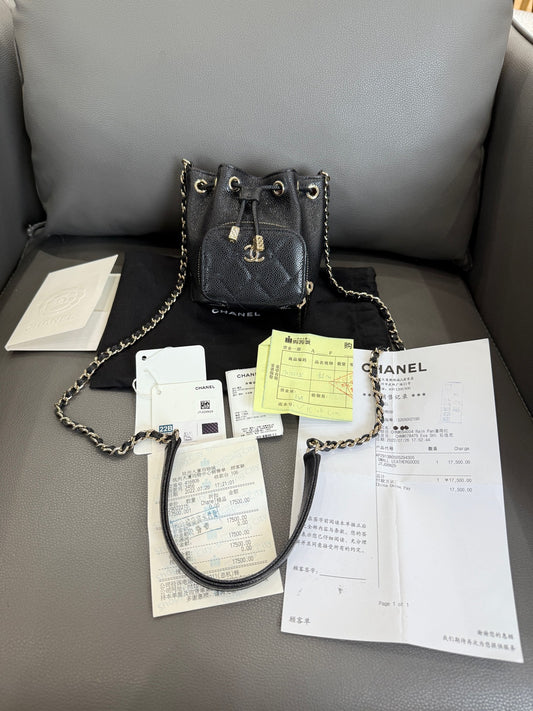 Chanel - 22B Drawstring Mini Bucket Bag - Grained calfskin leather - Black with Gold-Tone Hardware - (Mini)