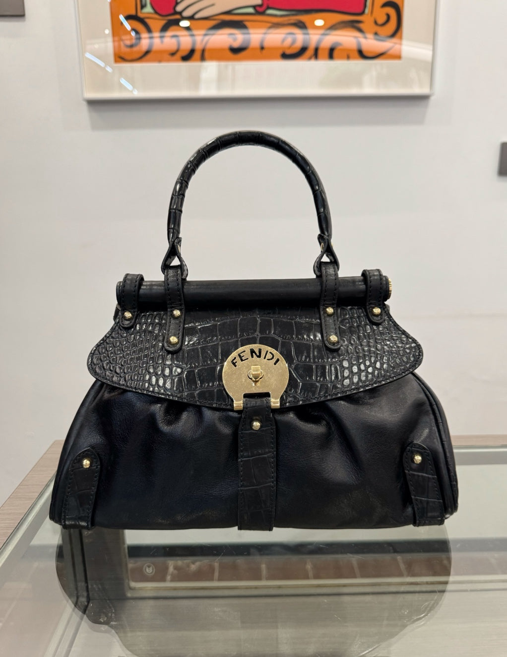 Fendi - Crocodile Embossed Handle Bag - Leather - Black - (medium)