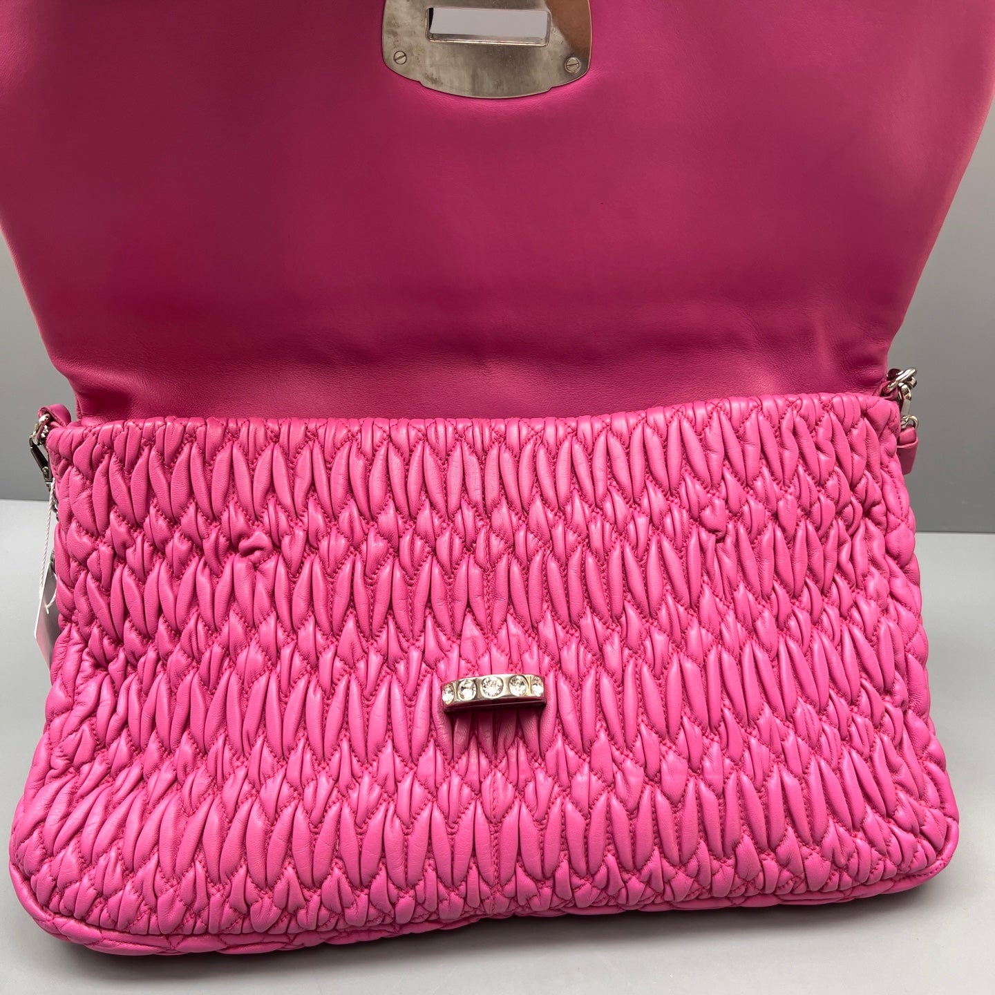 Miu Miu - Ruched Gemstone Chain Flap Shoulder Bag - Leather - Pink - (Medium)