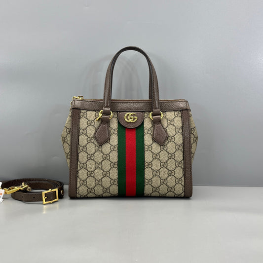 Gucci - Ophidia GG Supreme Small Top Handle Bag - GG Supreme coated canvas with grained leather trim - Brown - (small)