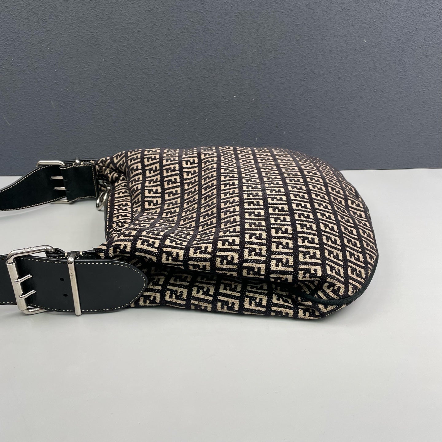 Fendi - Shoulder Bag - Jacquard canvas with leather trim - Black and Beige - (medium)