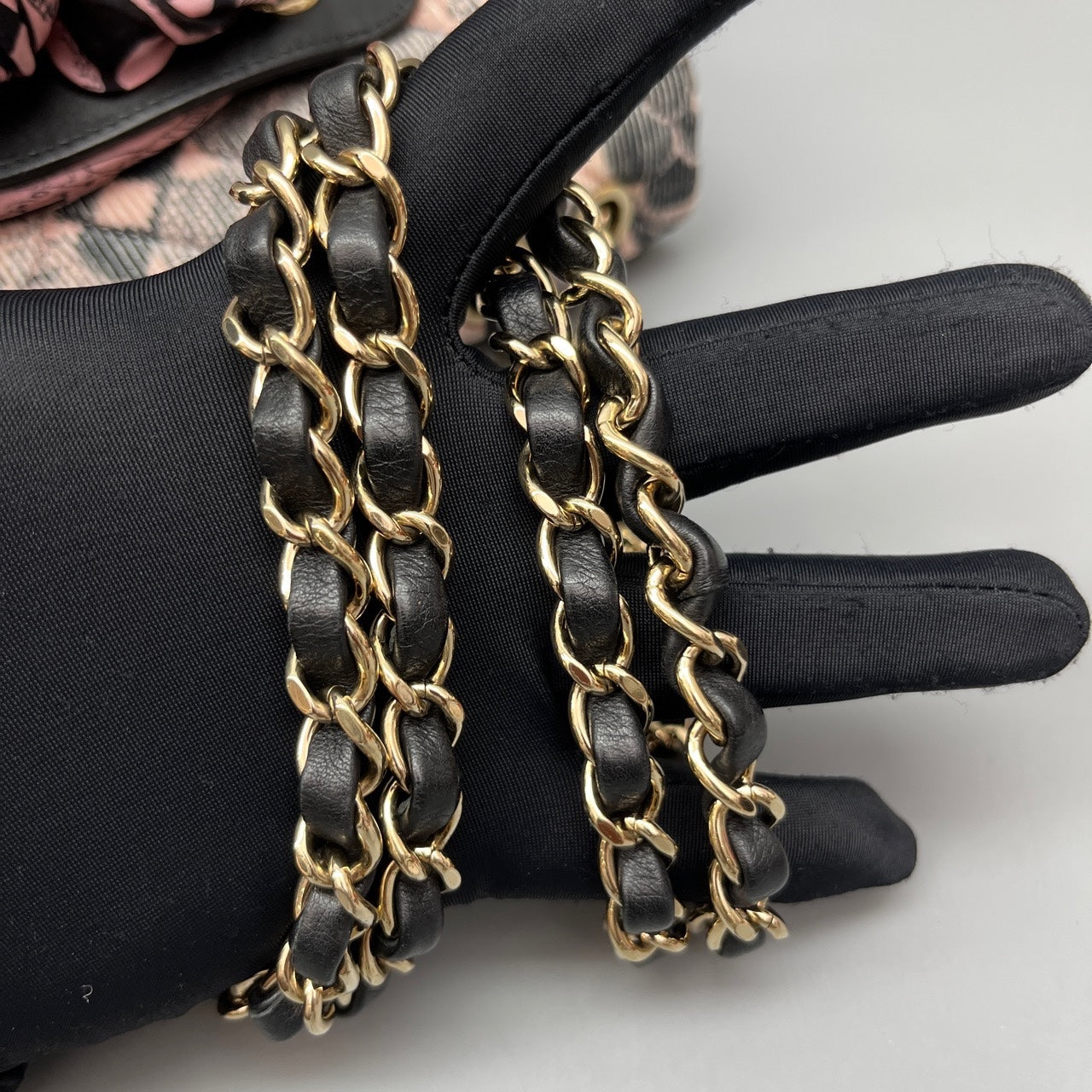 Chanel - Classic Flap Camellia Series Chain Bag with Silk Scarf Detail - Quilted textile with leather trim - Pink and Black - (Medium)