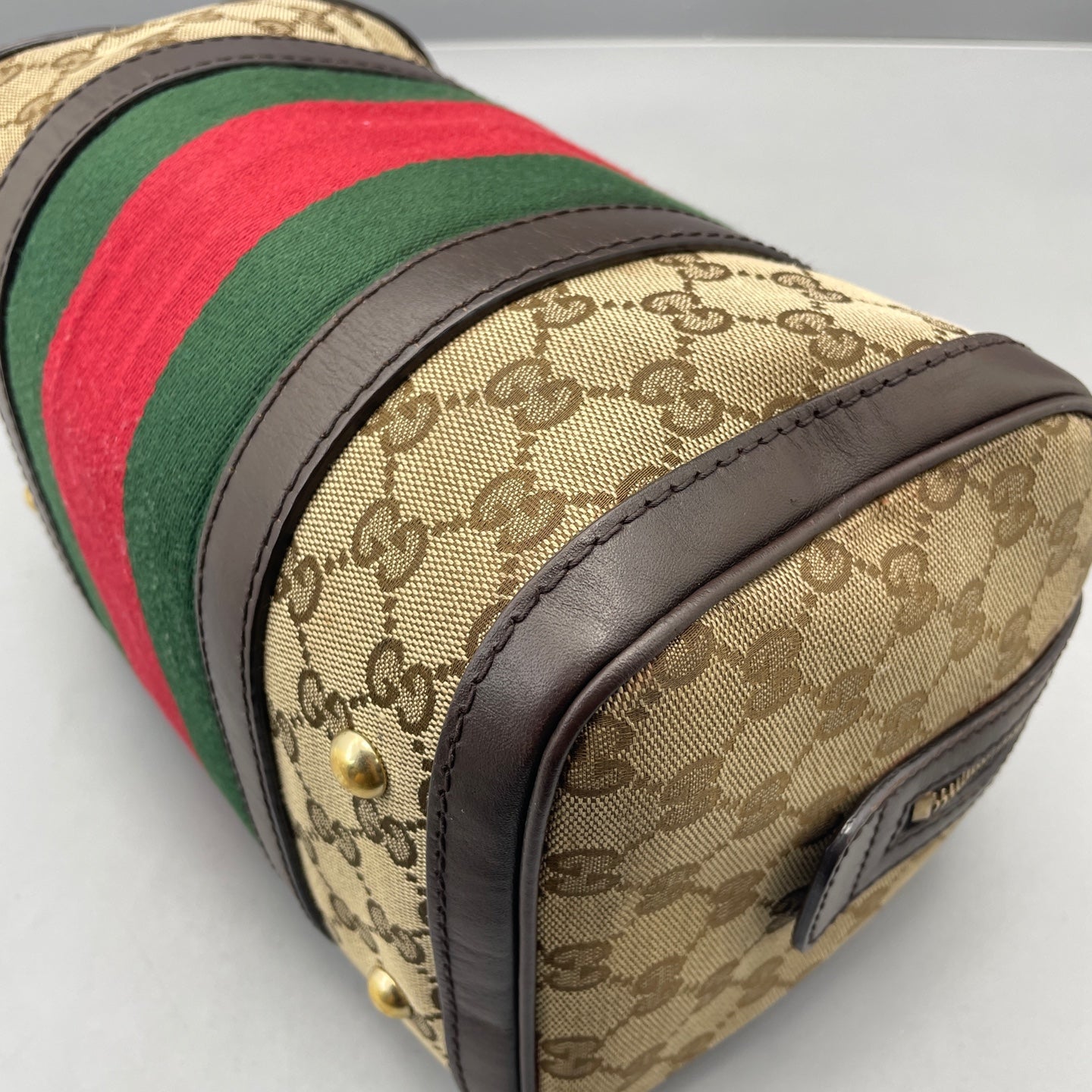 Gucci - Boston Bag - GG Monogram Coated Canvas with Leather Trim - Beige and Brown with Red and Green Accents - (small)
