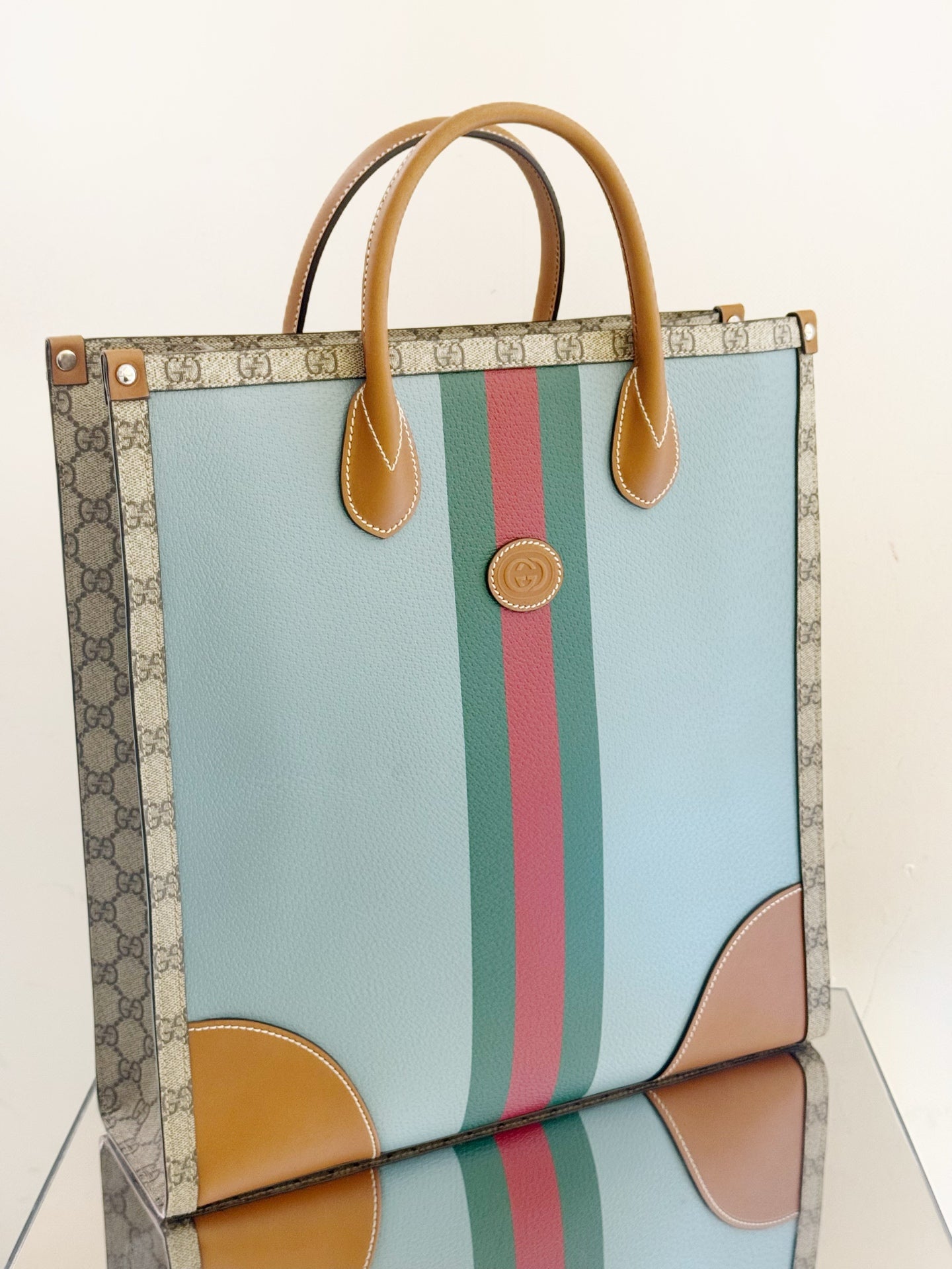 Gucci - GG Supreme Web Stripe Tote Bag - Coated canvas and leather - Brown and Blue - (medium)