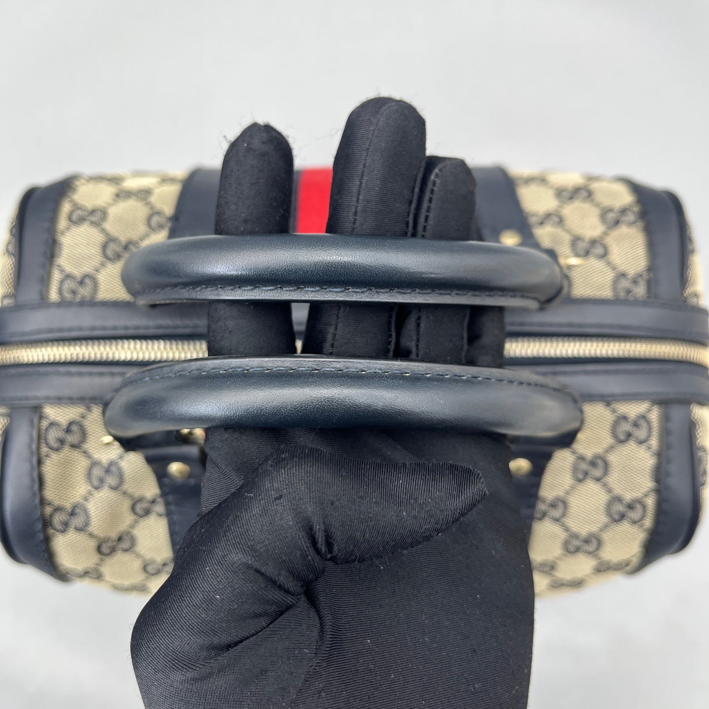 Gucci - GG Monogram Boston Bag with Web Stripe - Canvas with Leather trim - Beige and Blue - (Small)