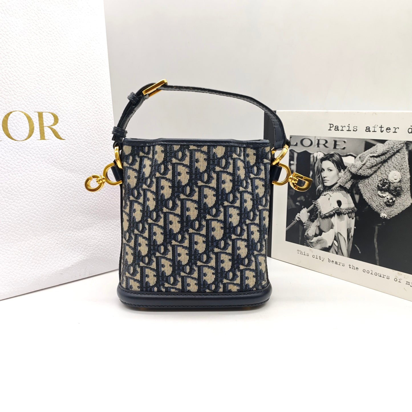 Dior - Dior Oblique Embroidered Mini Bucket Bag - Embroidered canvas with calfskin leather trim - Navy - (mini)