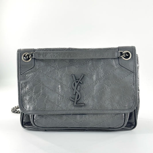 Saint Laurent - Niki Medium - Distressed crinkled calfskin leather - Grey - (Medium)