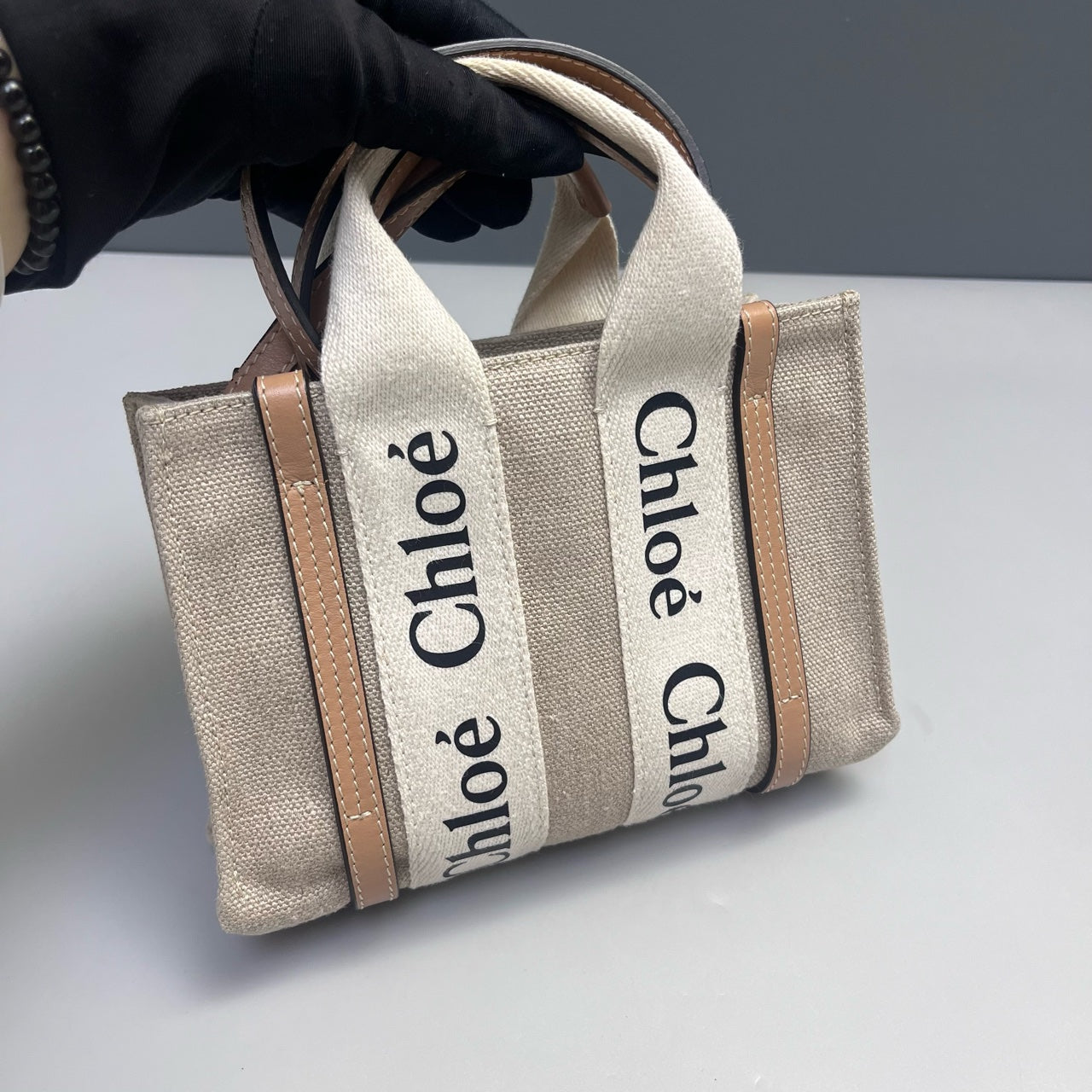 Chloe - Woody Mini Tote Bag - Canvas with calfskin leather trim - Beige with natural tan leather - (mini)