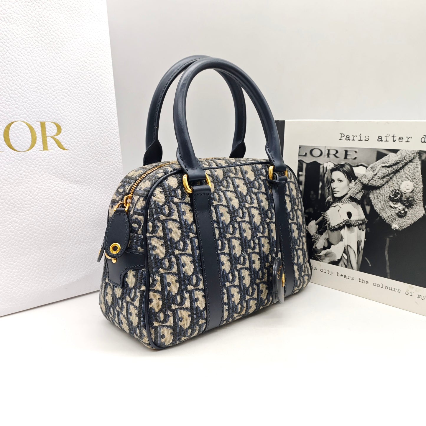 Dior - Dior Oblique Embroidered Bowling Bag - Cloth - Navy - (medium)