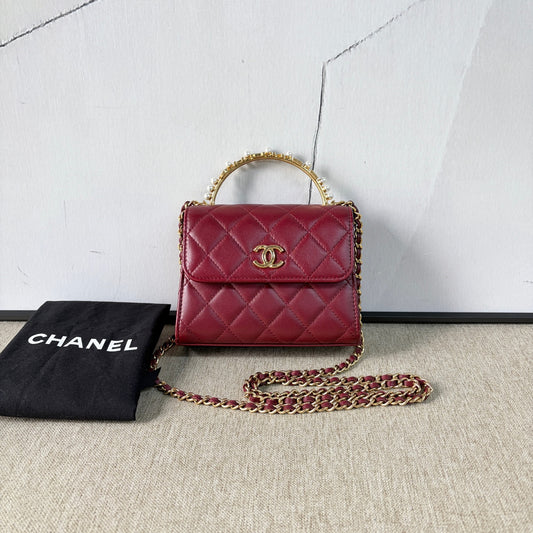 Chanel - Mini Pearl Handle Flap Bag - Lambskin leather - Red - (mini)