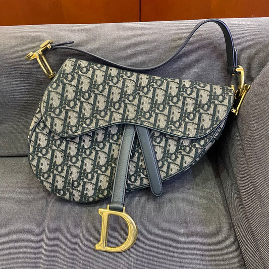 Dior - Saddle bag - Oblique canvas with leather trim - Blue - (medium)