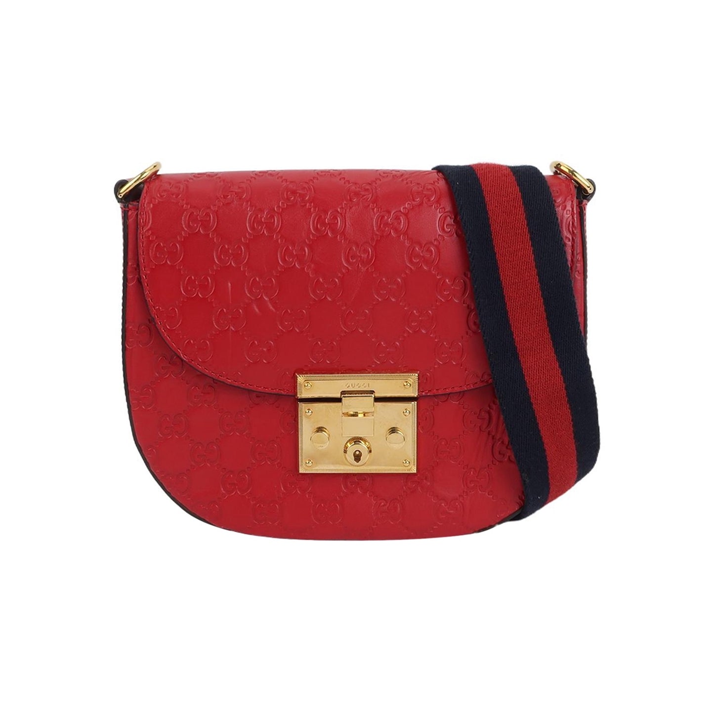 Gucci - Padlock Saddle Bag - Gucci Signature embossed leather with suede lining - Red with navy and red web strap - (small)