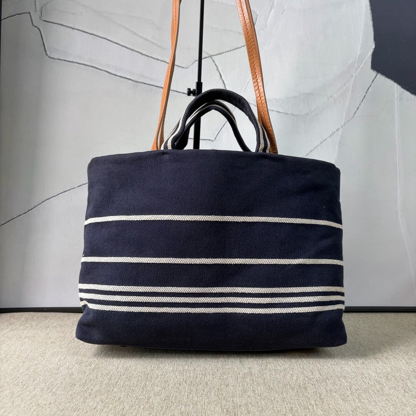 Chanel - Beach Tote - Canvas with Leather trim - Navy with Brown handles - (Medium)