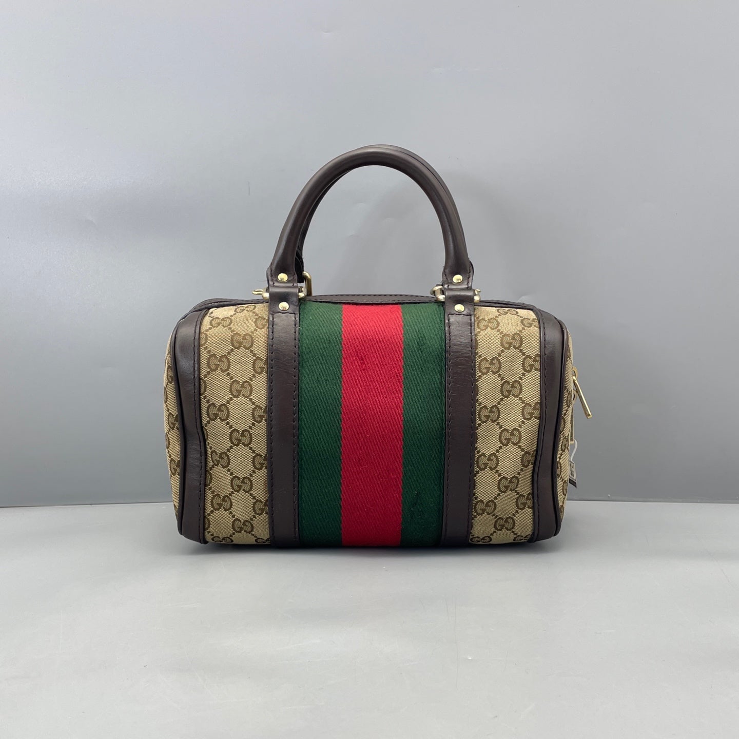 Gucci - Boston Bag - GG Monogram Coated Canvas with Leather Trim - Beige and Brown with Red and Green Accents - (small)