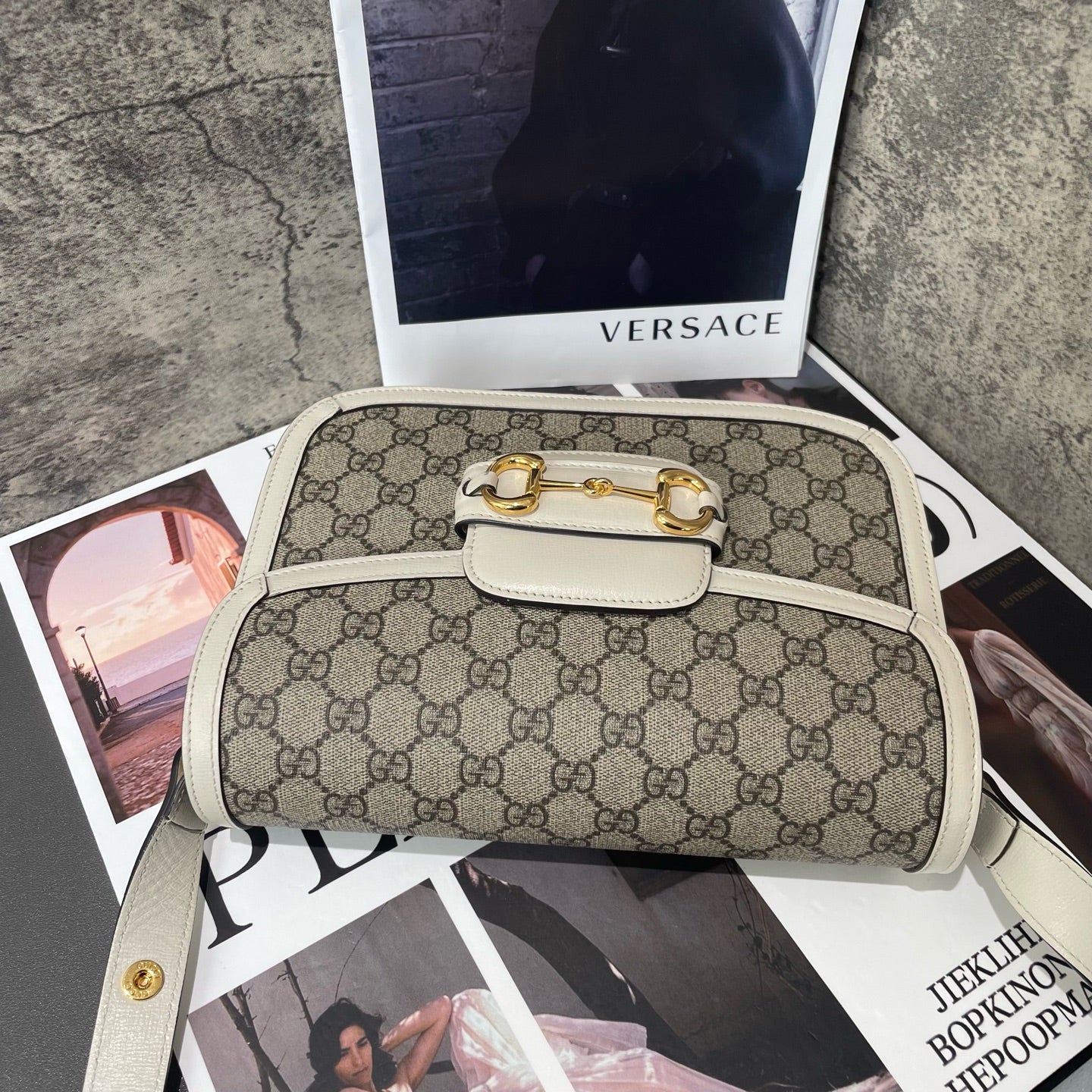 Gucci - 1955 Horsebit Shoulder Bag - GG Supreme Canvas with Leather Trim - White with Beige/Ebony Accents - (Medium)