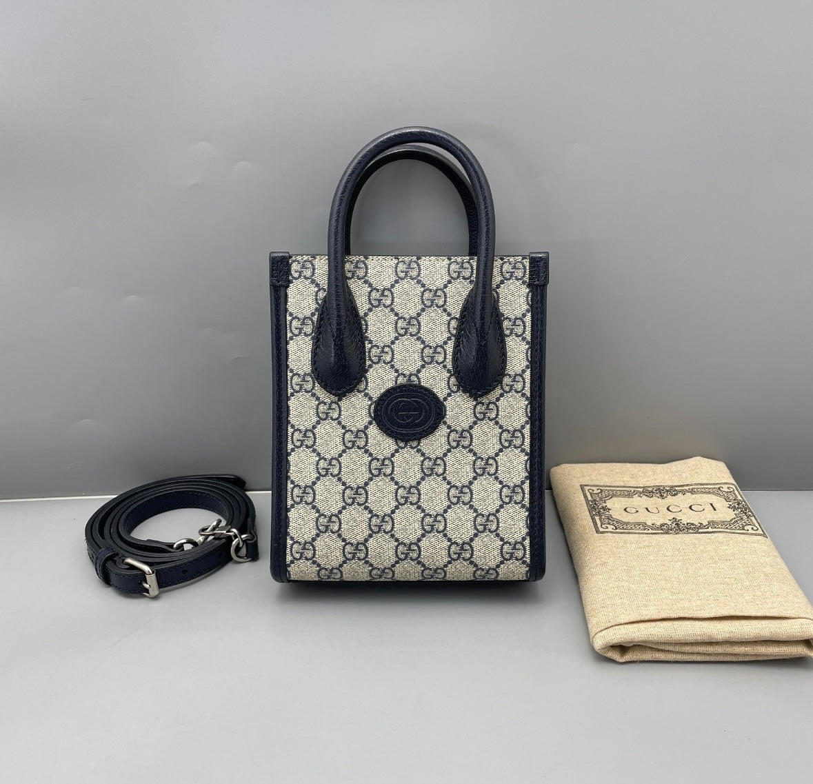 Gucci - GG Supreme Mini Tote Bag - Coated canvas with leather trim - Navy - (mini)