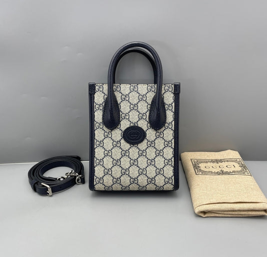 Gucci - GG Supreme Mini Tote Bag - Coated canvas with leather trim - Navy - (mini)