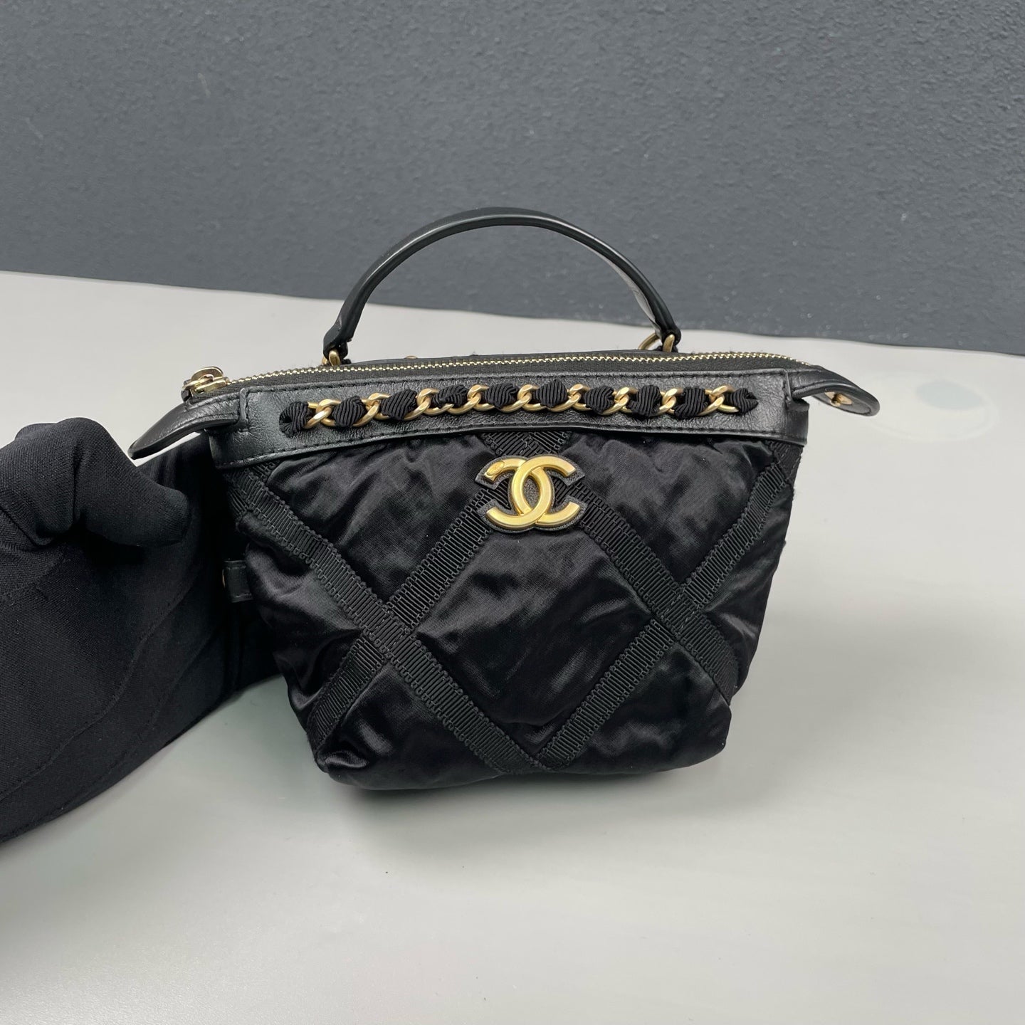 Chanel - Mini Top Handle Crossbody Pouch Bag - Satin with leather trim - Black with Gold-Tone Hardware - (Mini)