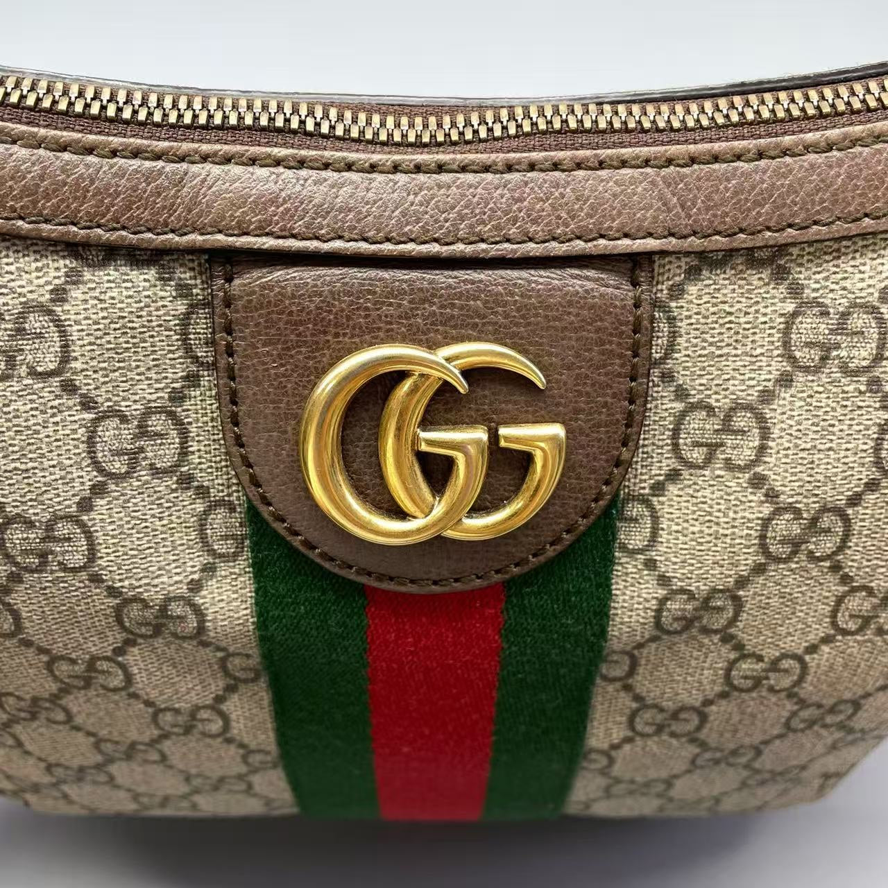 Gucci - Ophidia Half Moon Crossbody Bag - GG Supreme canvas with leather trim - Beige and Ebony with Red and Green Web stripe - (medium)