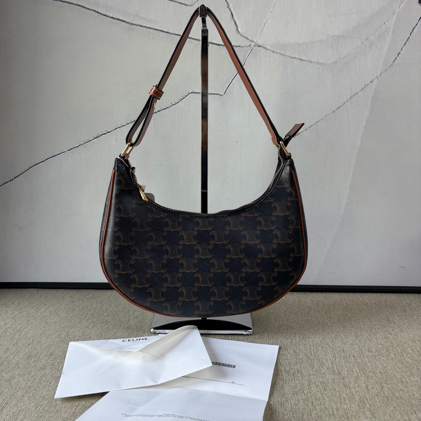 Celine - AVA Classic Triomphe Shoulder Bag - Triomphe coated canvas with calfskin leather trim - Brown - (mini)