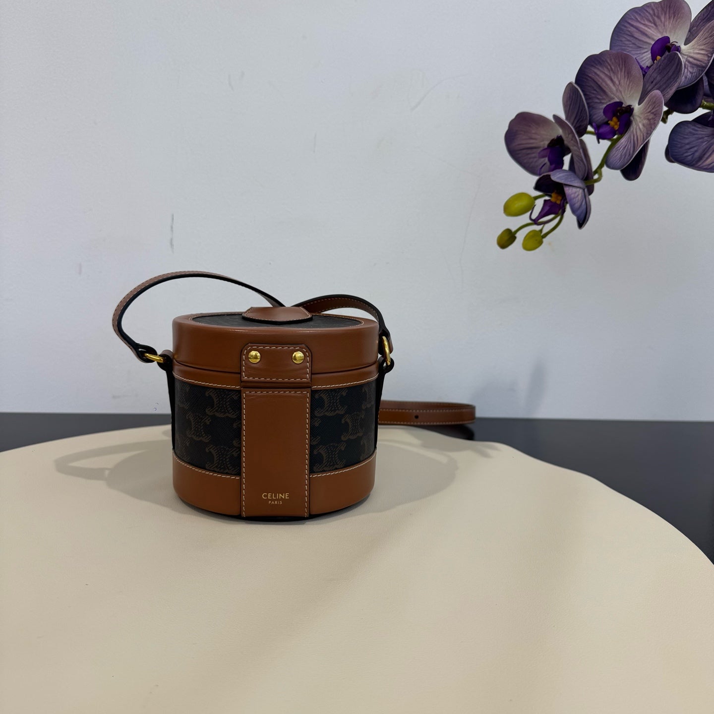 Celine - Triomphe Canvas Cylinder Bag - Triomphe Canvas and Leather - Brown - (small)