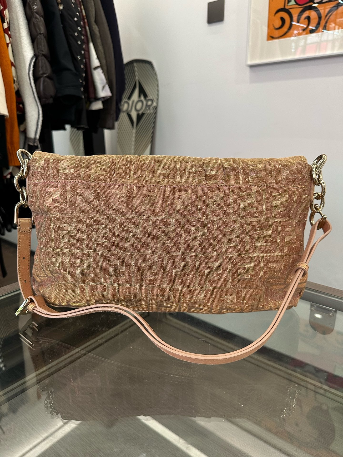 Fendi - Zucca Glitter Shoulder Bag - Glitter-coated canvas with leather trim - Pink with Gold glitter - (large)
