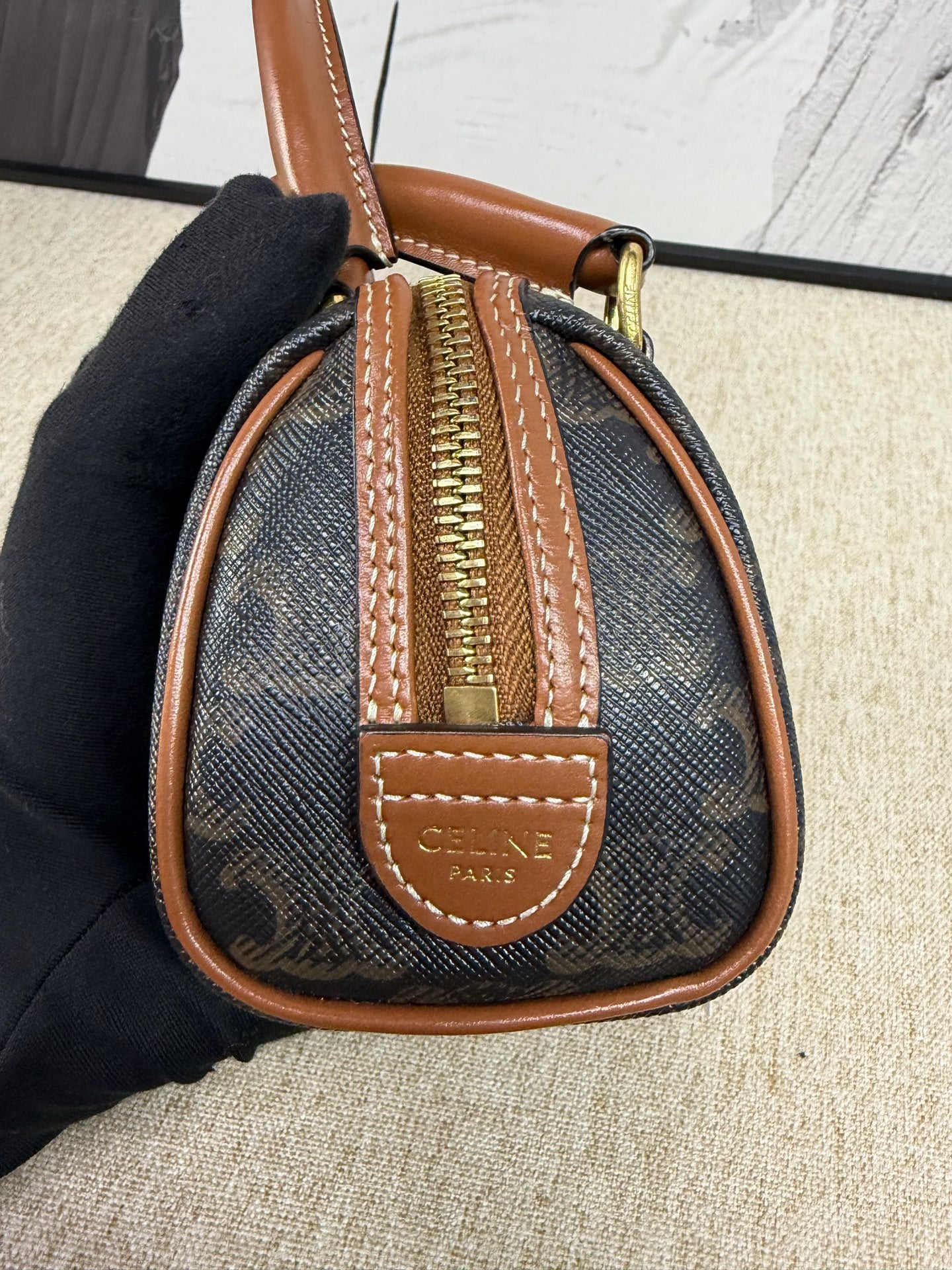 Celine - Triomphe Embroidered Mini Boston Bag - Triomphe coated canvas with leather trim - Brown - (mini)
