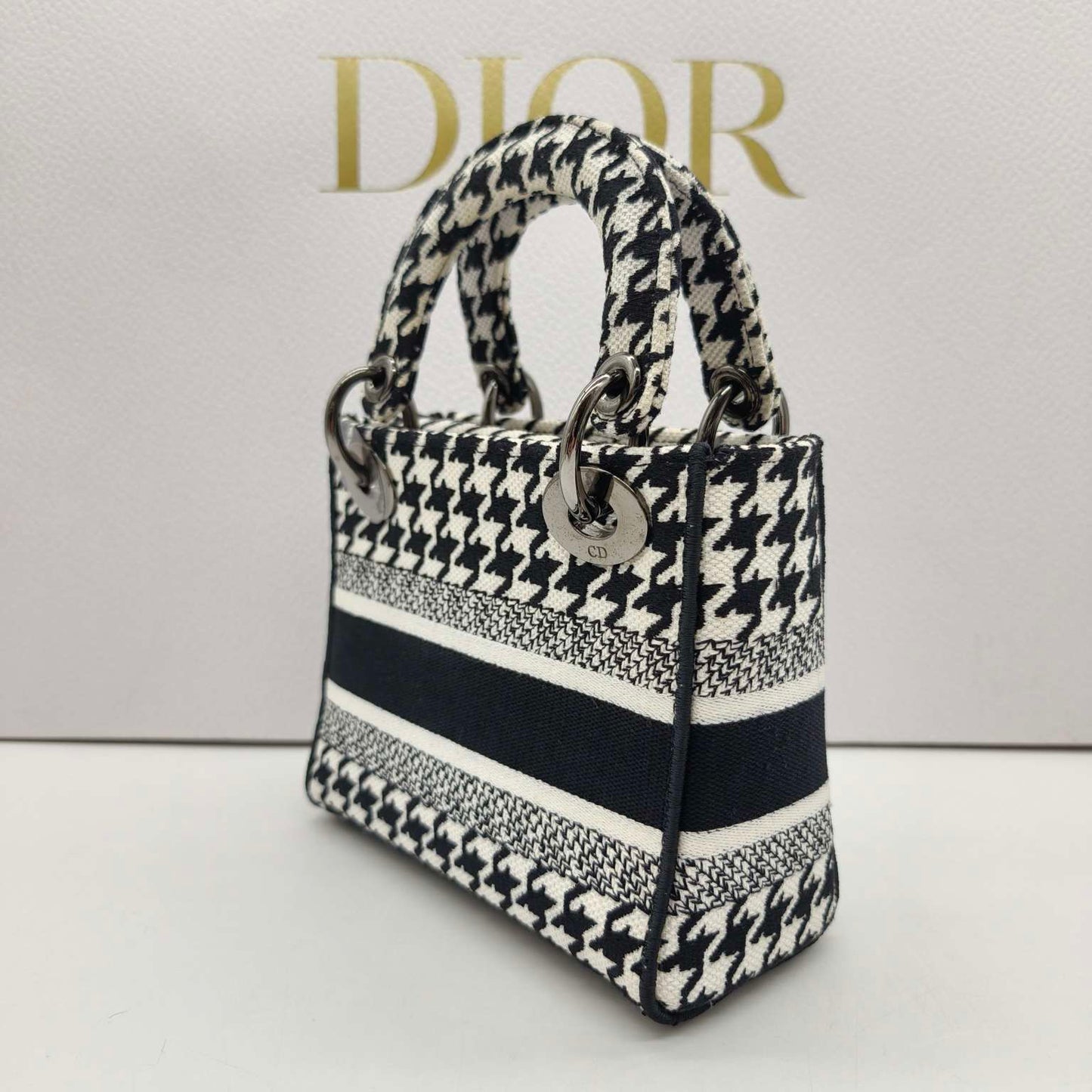 Dior - Lady Dior Mini - Textile fabric with houndstooth pattern - Black and White - (mini)