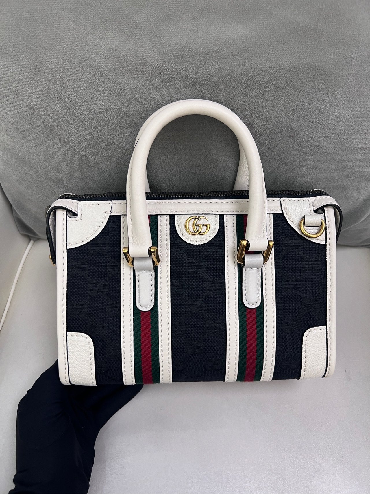 Gucci - Exquisite Top Handle Bag - GG Canvas and Leather - Black with White trim and Red/Green Web - (mini)