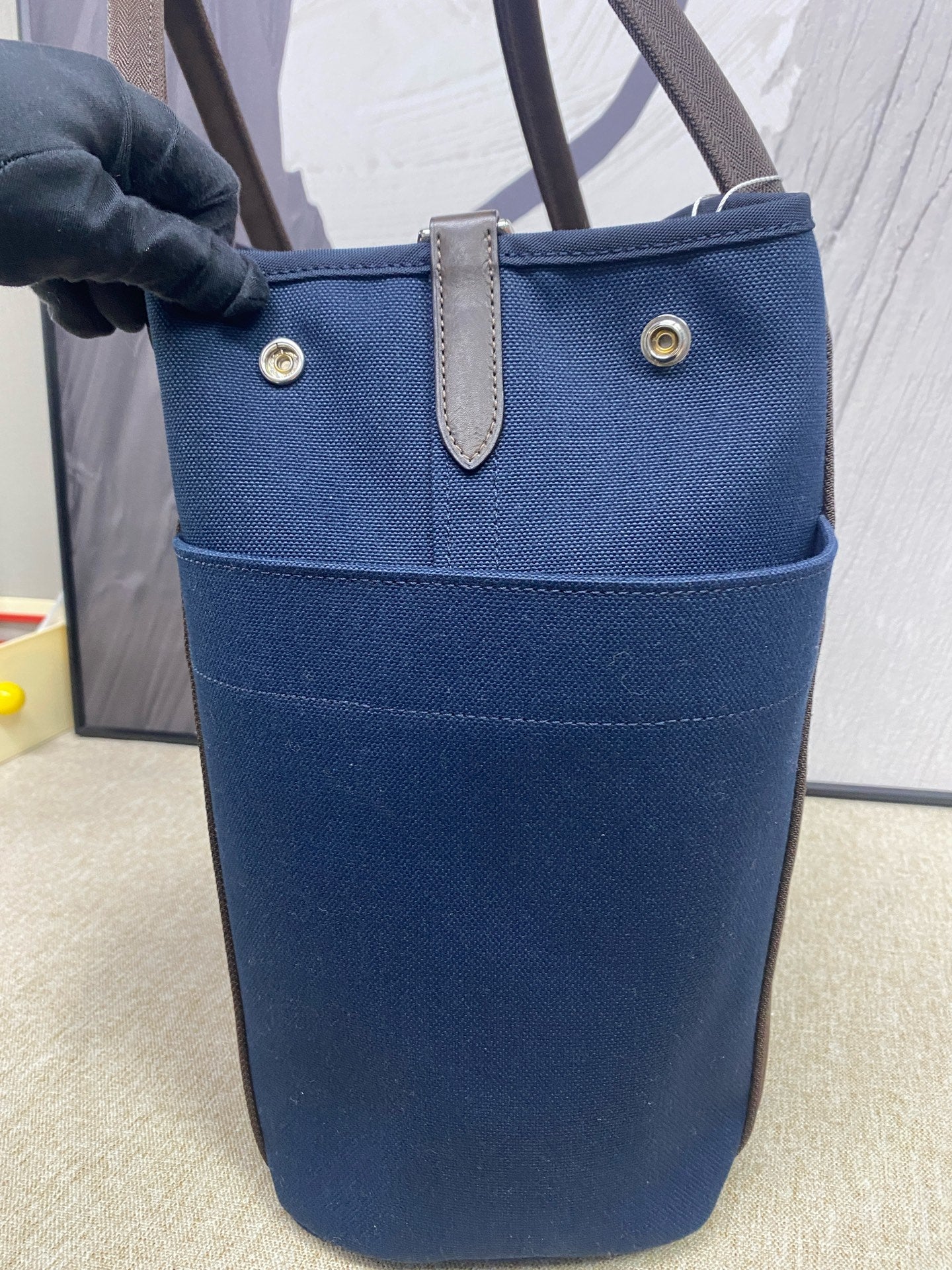 Hermès - Groom Canvas Equestrian Bag - Canvas and Leather - Dark Blue with Brown Accents and Orange Interior - (Large)