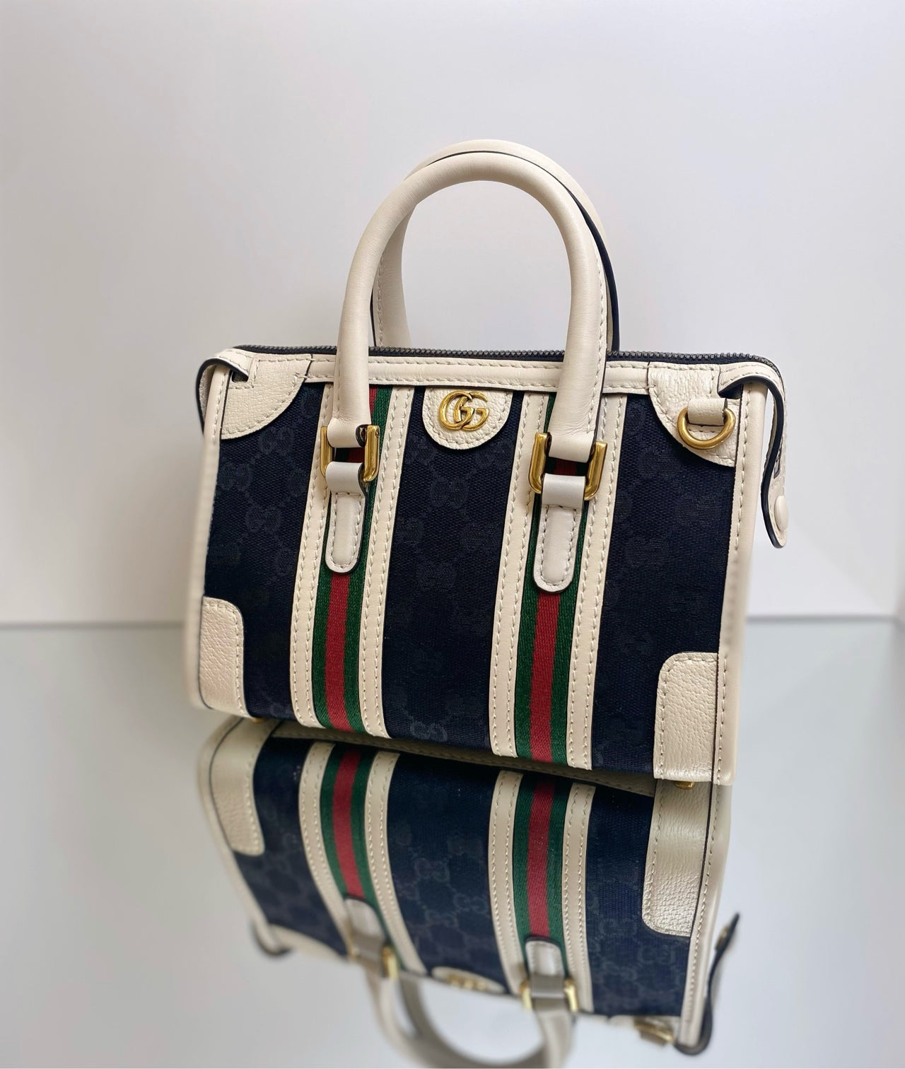 Gucci - Exquisite Top Handle Bag - GG Canvas and Leather - Black with White trim and Red/Green Web - (mini)