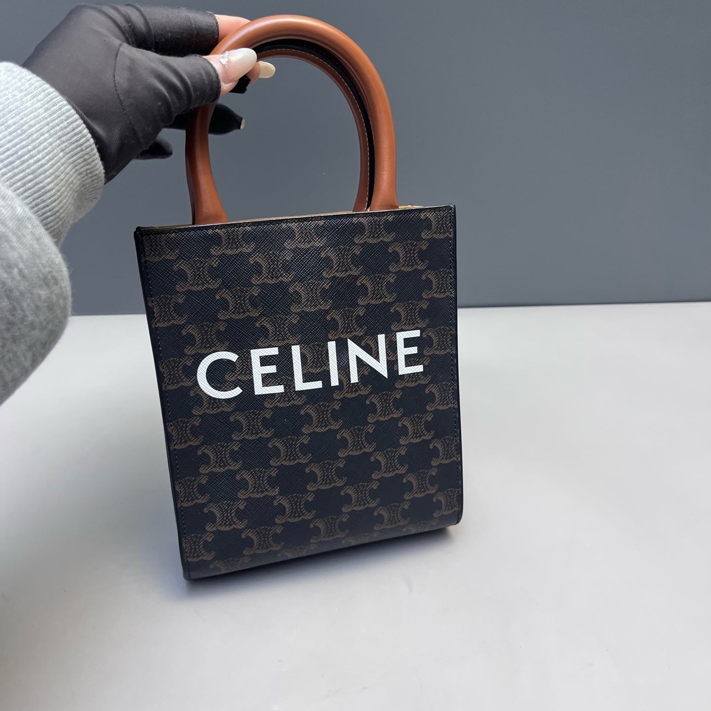 Celine - Triomphe Monogram Mini Vertical Cabas - Triomphe coated canvas with leather trim - Dark Brown - (Mini)