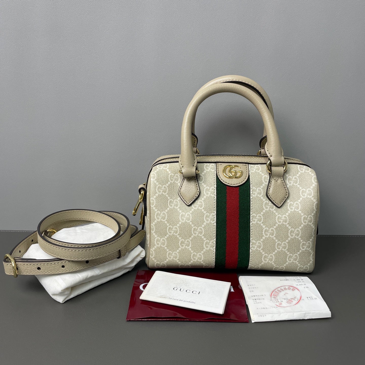 Gucci - Ophidia Boston Bag - GG Supreme canvas with leather trim - Beige - (mini)