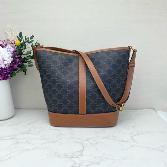 Celine - Cabas Triomphe Tote - Triomphe canvas with tan leather trim - Brown - (medium)