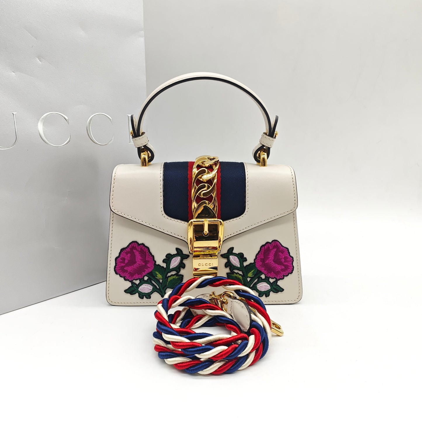Gucci - Sylvie Small Floral Embroidered - Leather - White - (small)