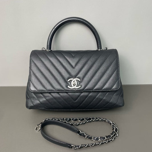 Chanel - Coco Handle Flap Bag - Grained Calfskin Leather - Black - (Medium)