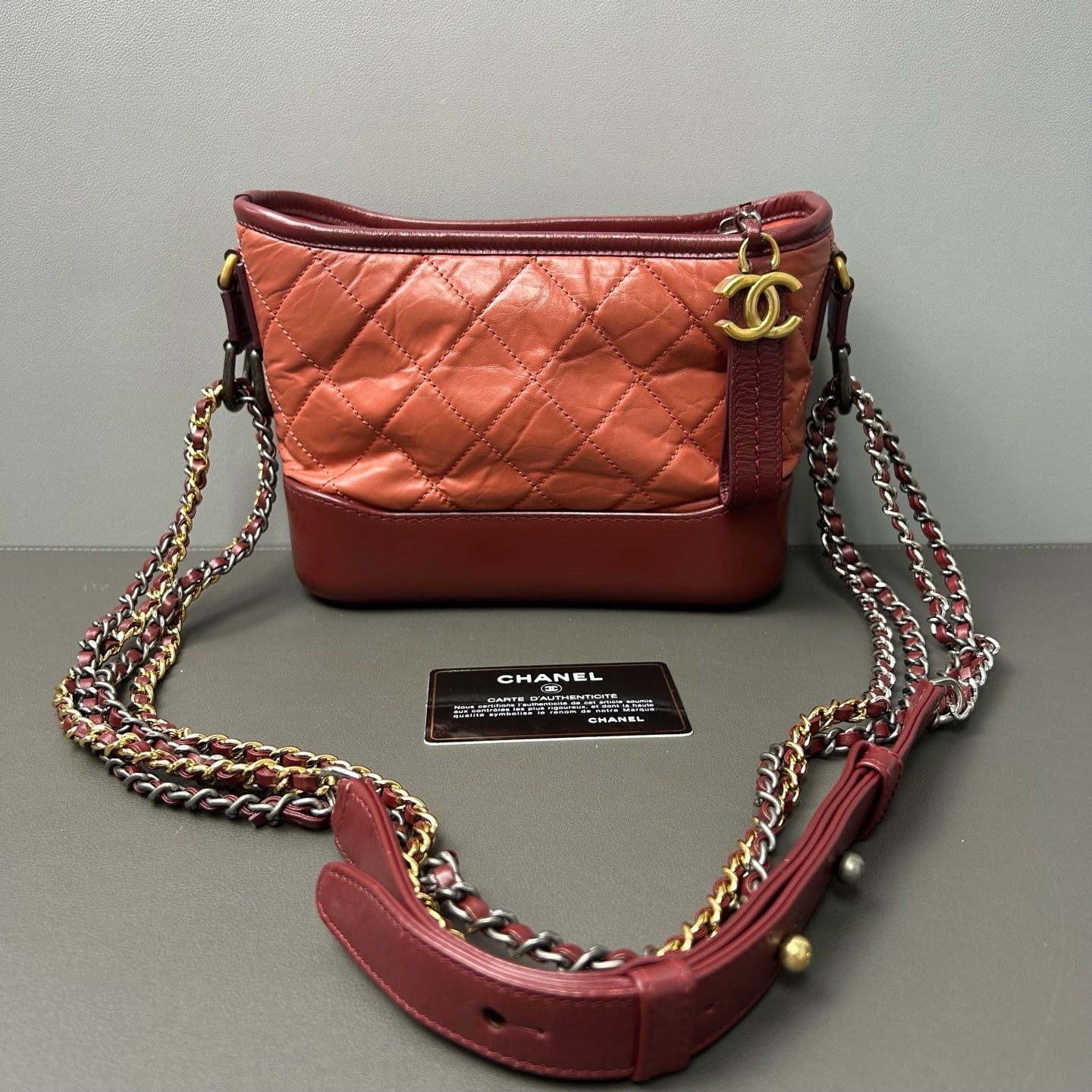 Chanel - Gabrielle Hobo Bag - Aged calfskin leather - Dusty Rose Pink and Burgundy with Mixed-Tone Hardware - (Small)